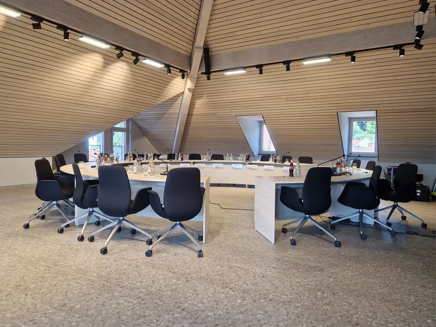 Ovaler Sitzungstisch unter einer Holzdecke mit Lichtlinien und Schienenstrahlern